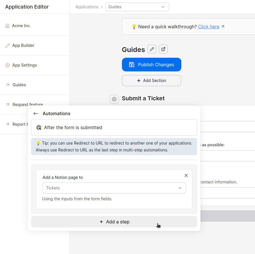 Stackoia application builder hover on add a step